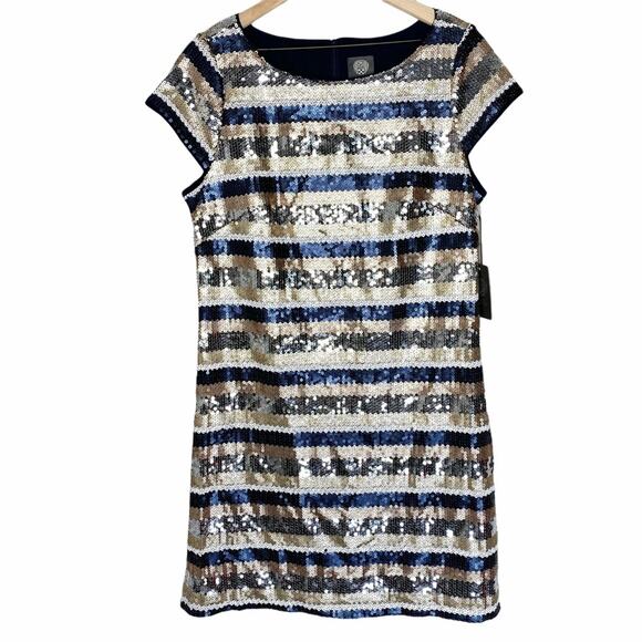 NWT Vince Camuto Sequin Stripe Sheath Dress 14 Gold Navy Cap Sleeve Party - Picture 1 of 6